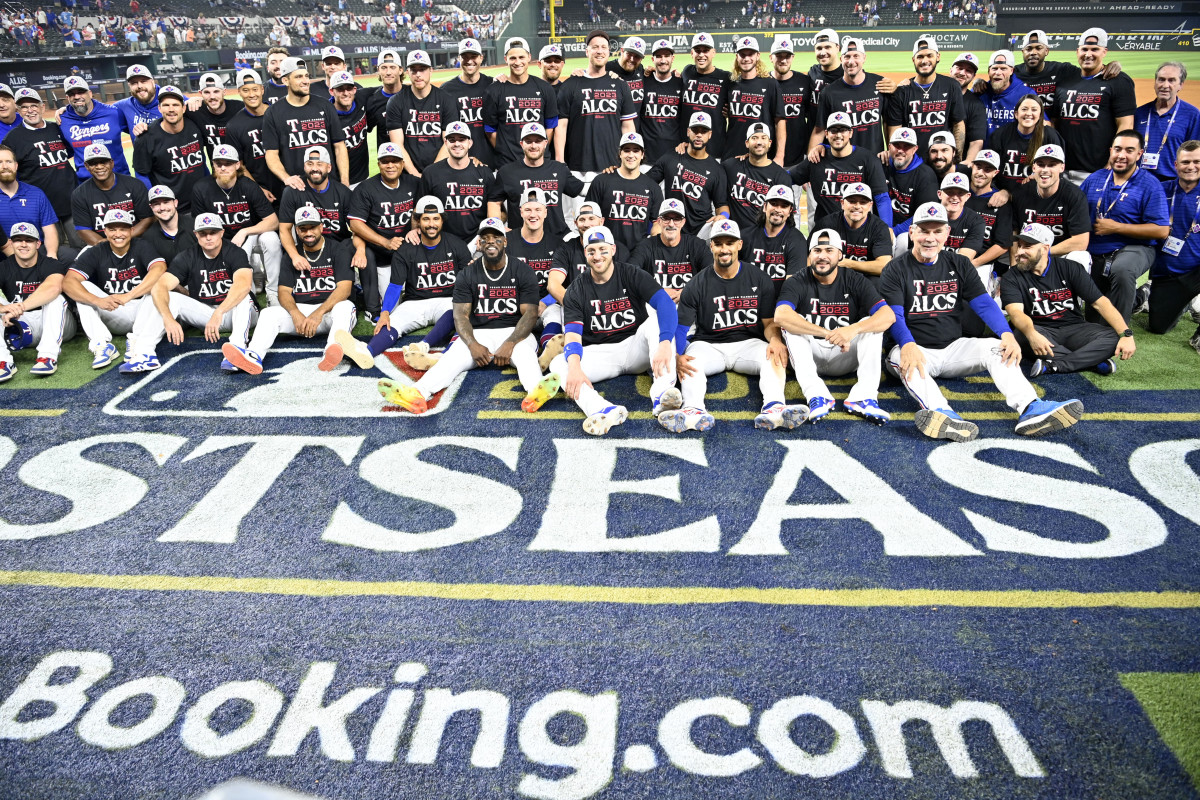 The Texas Rangers pose for a group photo after sweeping the Baltimore Orioles in Game 3 of the ALDS Tuesday night at Globe Life Field.